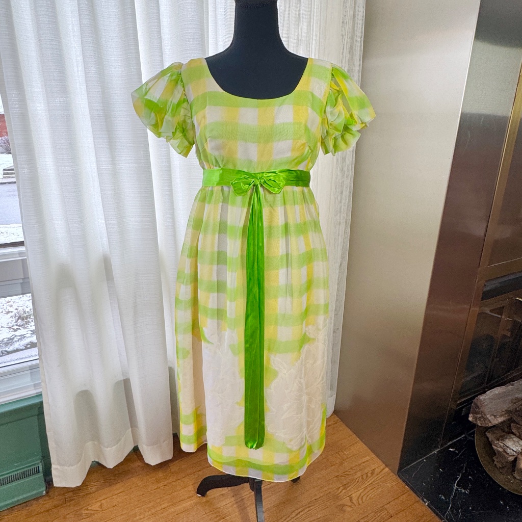Vintage 1970s Dress, Green, Lime Yellow, Irving Nadler, Short Sleeves, 6 (S/M)